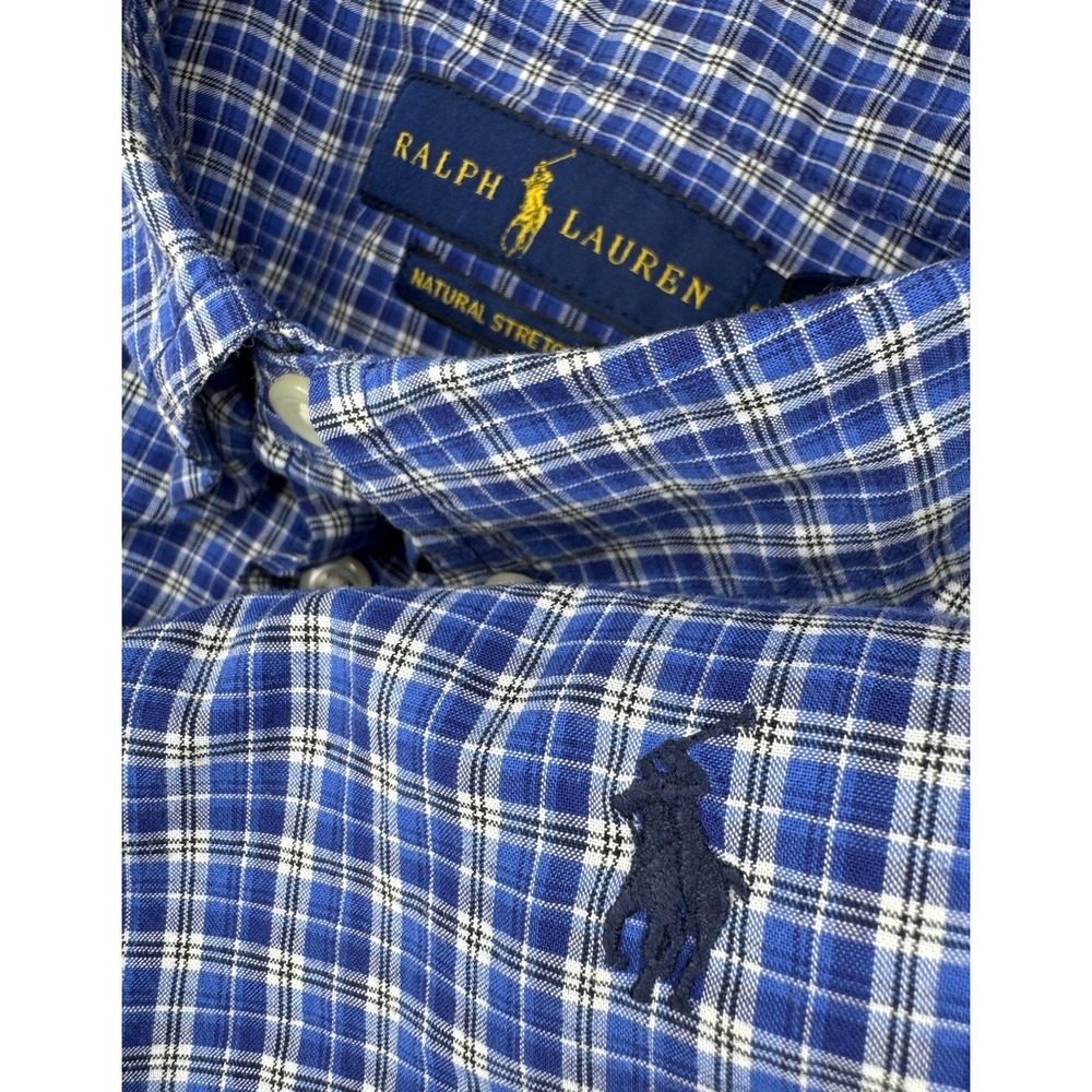 Ralph Lauren‎ Natural Stretch Boys Long Sleeve Button Shirt Blue Plaid 14 16
